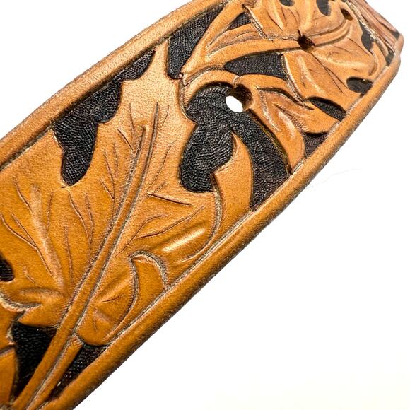 Vintage Western Name Belt 32 Maureen Hand Tooled Leaves Brown Leather No Buckle - Picture 10 of 10